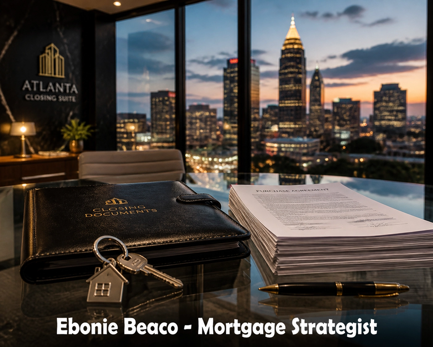 Real estate wholesale contracts and house keys at an Atlanta closing table overlooking the city.