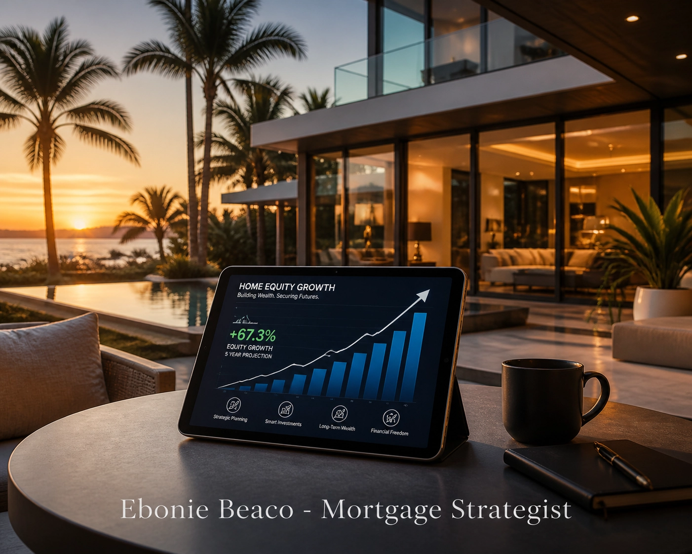 Modern luxury home at sunset with financial graph representing California and Florida HELOC home equity strategies.