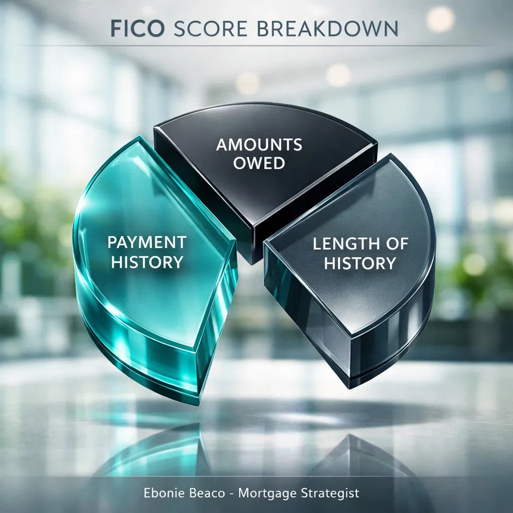 FICO score essentials 3d pie chart illustrating factors affecting credit, important for reverse mortgage financial assessments