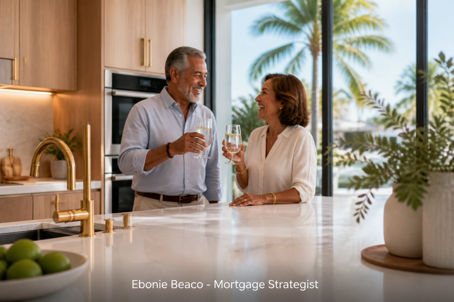 Retired couple in a renovated kitchen using a reverse mortgage payout for home improvements.