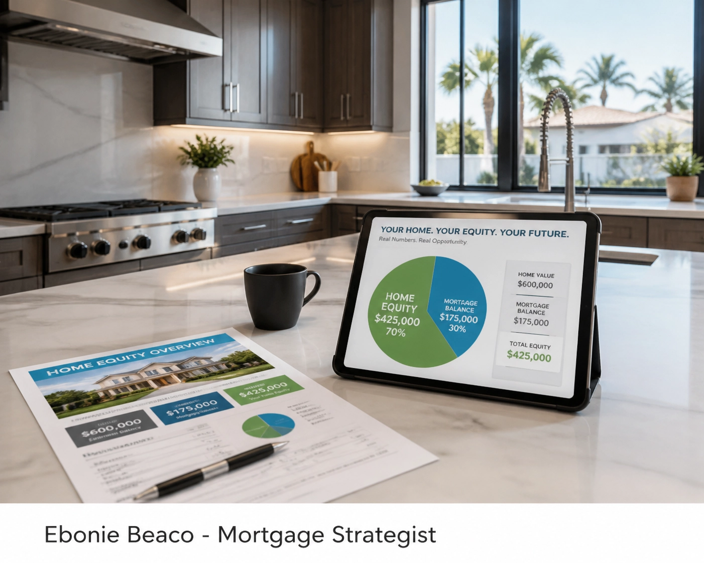 Modern California home interior with tablet showing a home equity calculation and available HELOC credit line.