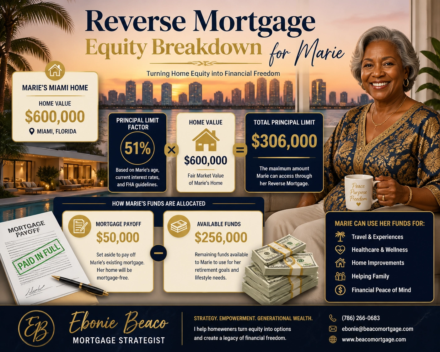 Infographic illustrating home equity calculations and principal limits for a reverse mortgage in Miami.
