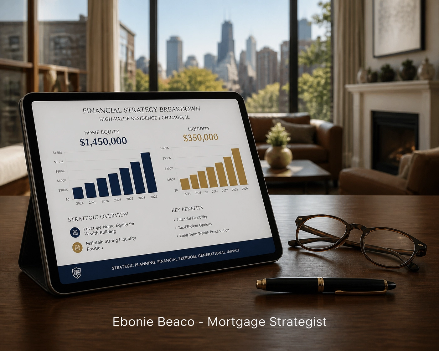 Tablet displaying home equity and liquidity charts for a Chicago HECM reverse mortgage financial strategy.