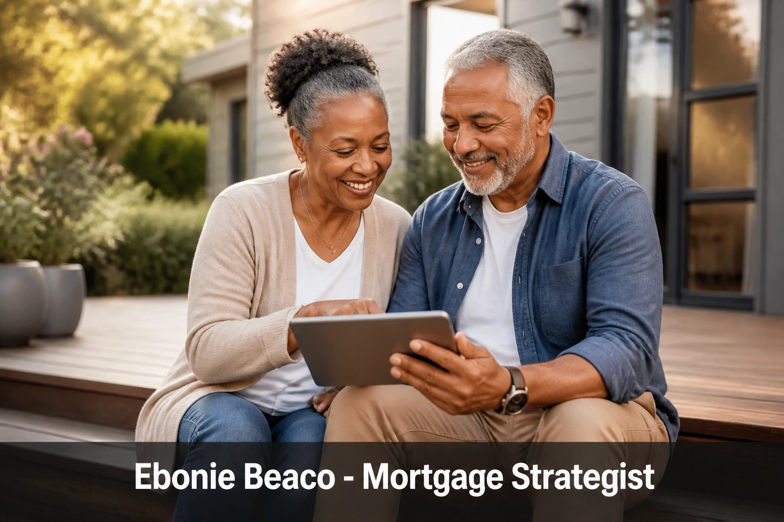 Senior couple in their 60s reviewing reverse mortgage age requirements and financial options on a sunny deck.