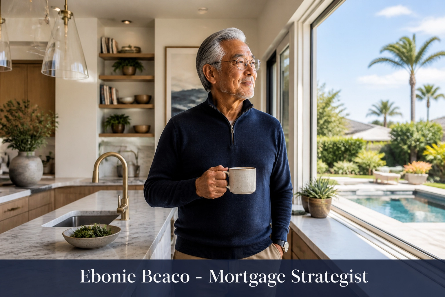Retiree in a California kitchen reflecting on HECM line of credit benefits and home equity strategy.