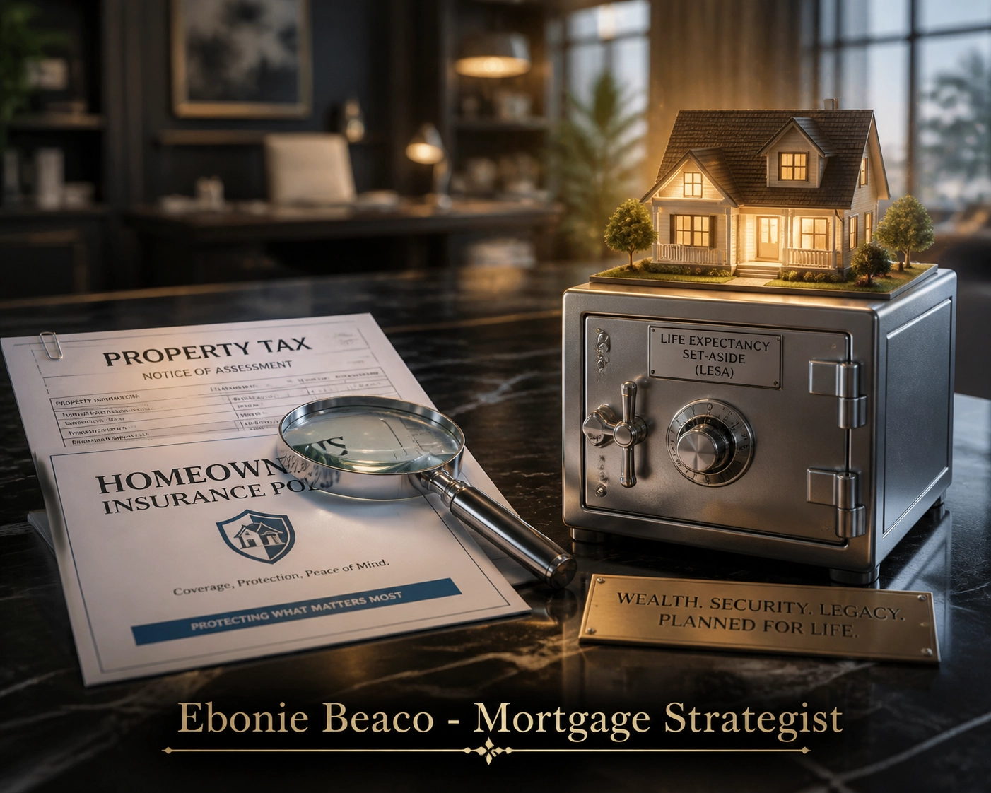 Secure home model on a vault symbolizing the LESA set-aside for property taxes and homeowners insurance.