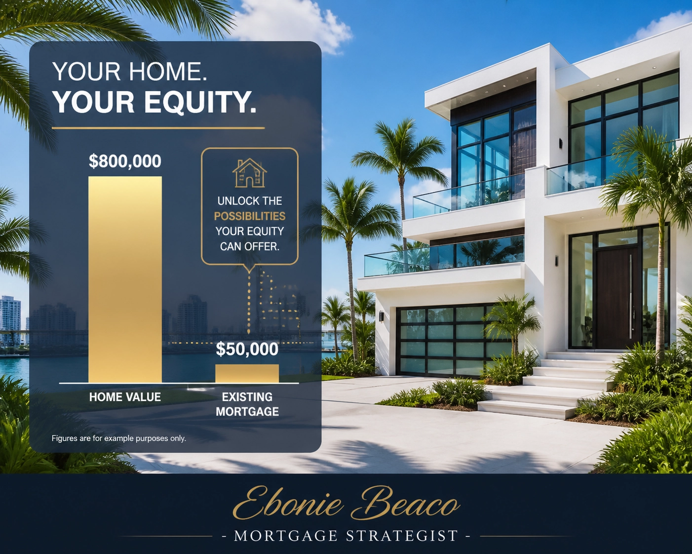 Infographic showing home equity and mortgage balance for an $800,000 reverse mortgage scenario.