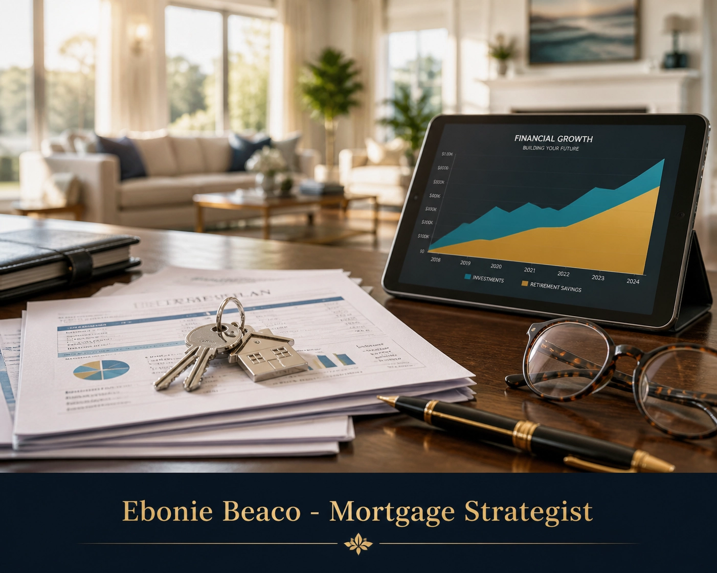 House keys and financial documents on a desk showing a chart for reverse mortgage home equity calculations.