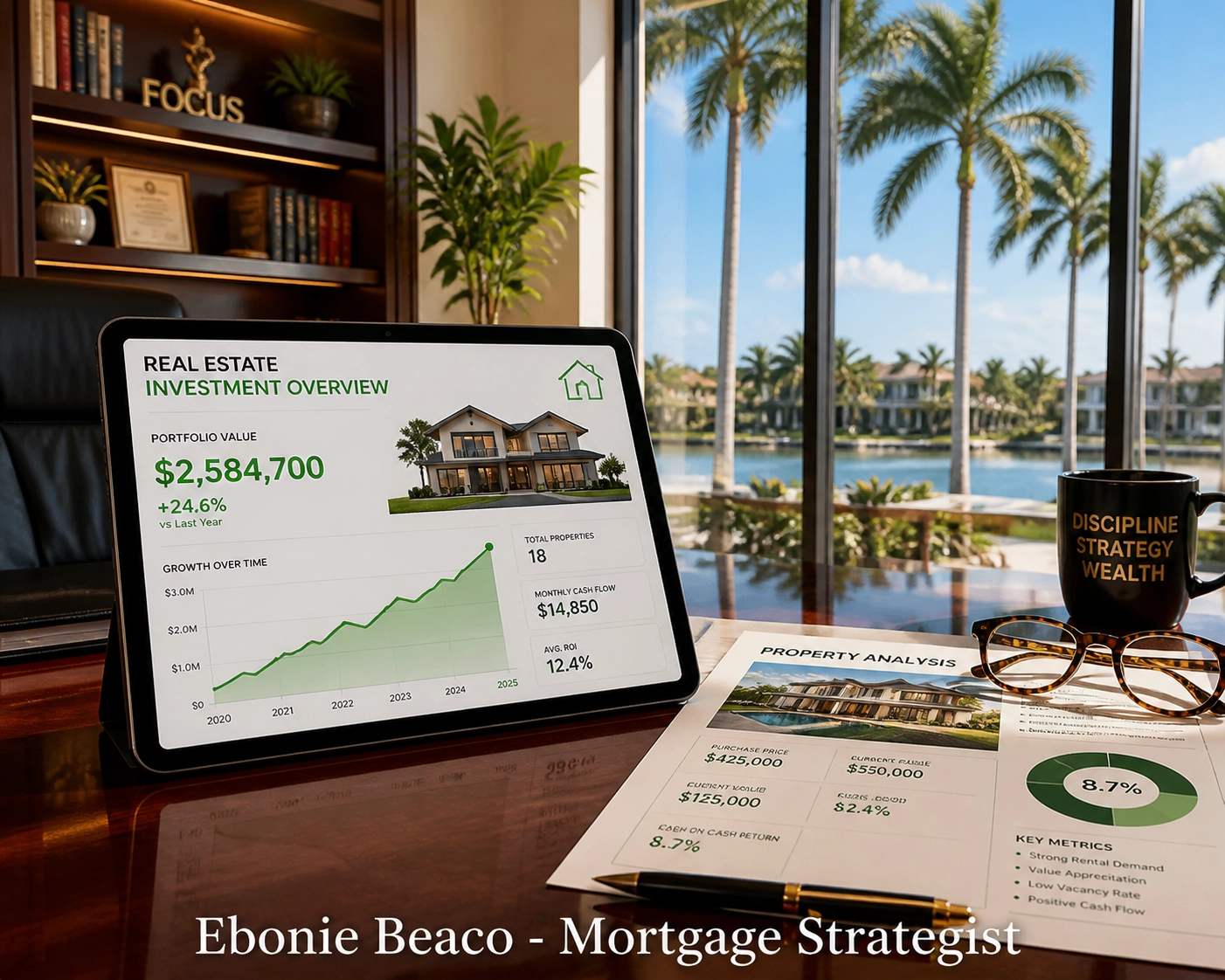 Analyzing Florida real estate investment deals using a digital dashboard and property reports in a modern office.