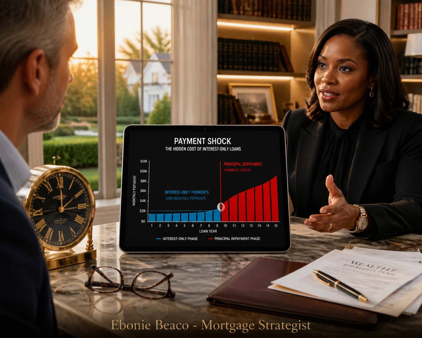 Financial graph on a tablet showing HELOC payment shock between interest-only and principal repayment periods.