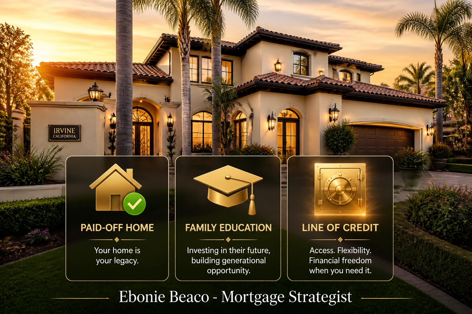 Reverse mortgage payout strategy for a California home showing mortgage payoff, tuition funding, and equity line of credit.