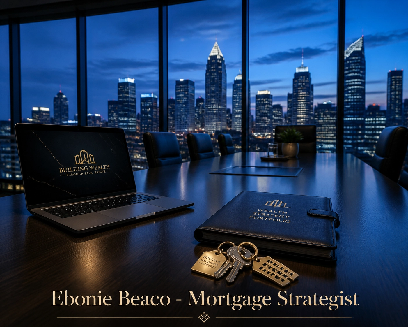 Professional office with city views and apartment keys representing real estate investment financing strategies.