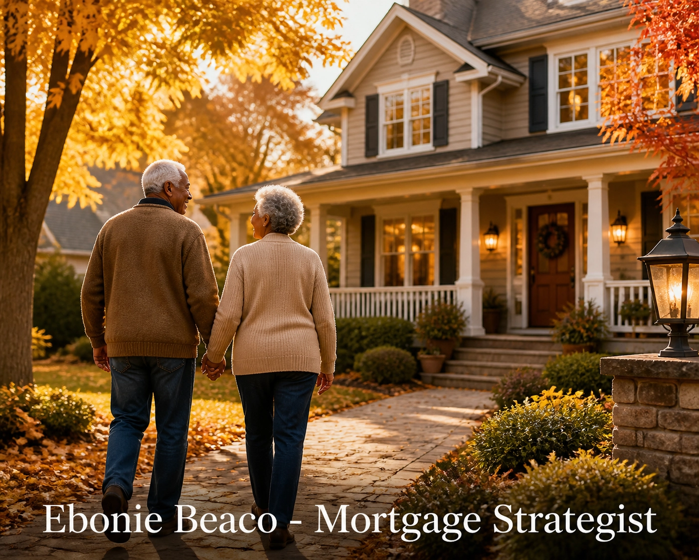 Retired couple enjoying their suburban home while utilizing reverse mortgage protections to age in place safely.