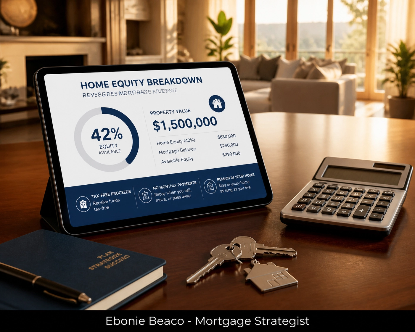 Reverse mortgage home equity breakdown infographic on a tablet showing principal limit factor calculations.