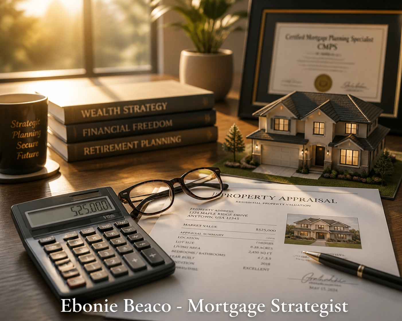 Financial calculator and home appraisal documents representing reverse mortgage principal limit strategy.