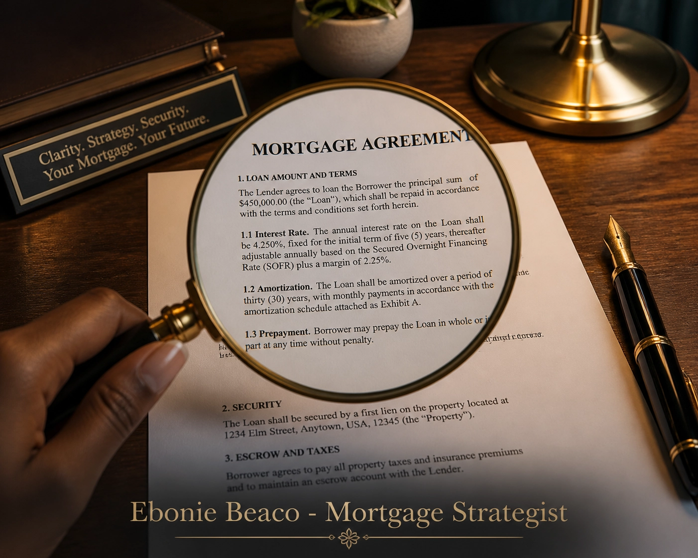Magnifying glass examining a mortgage contract for hidden HELOC fees and loan terms.