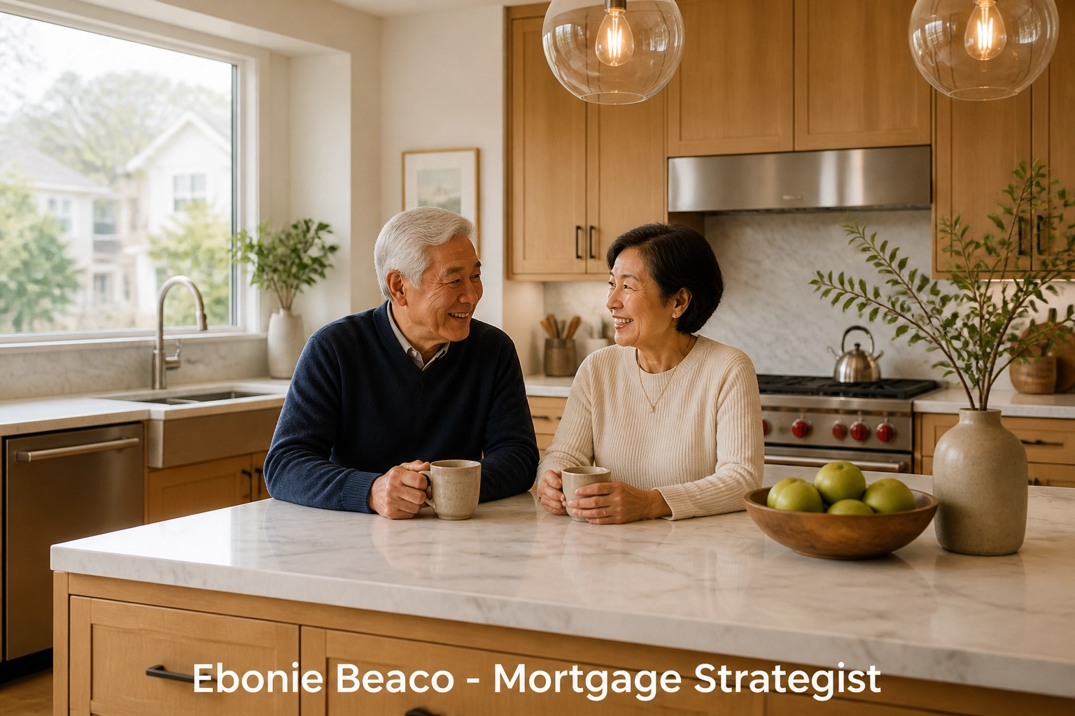 Retired couple in a renovated kitchen using reverse mortgage equity for financial security.
