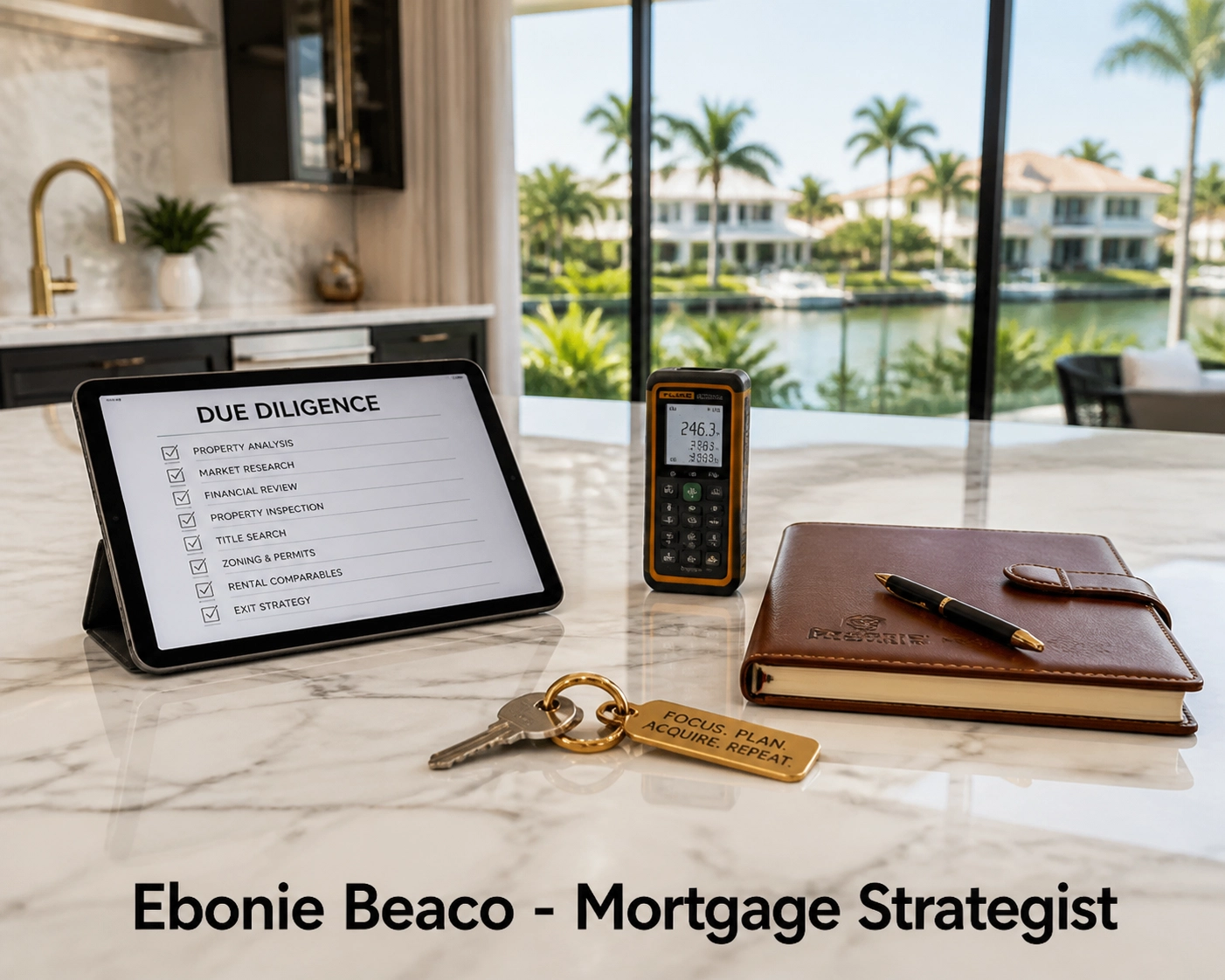 Real estate investor tools and house keys for managing professional wholesaling business logistics in Florida.