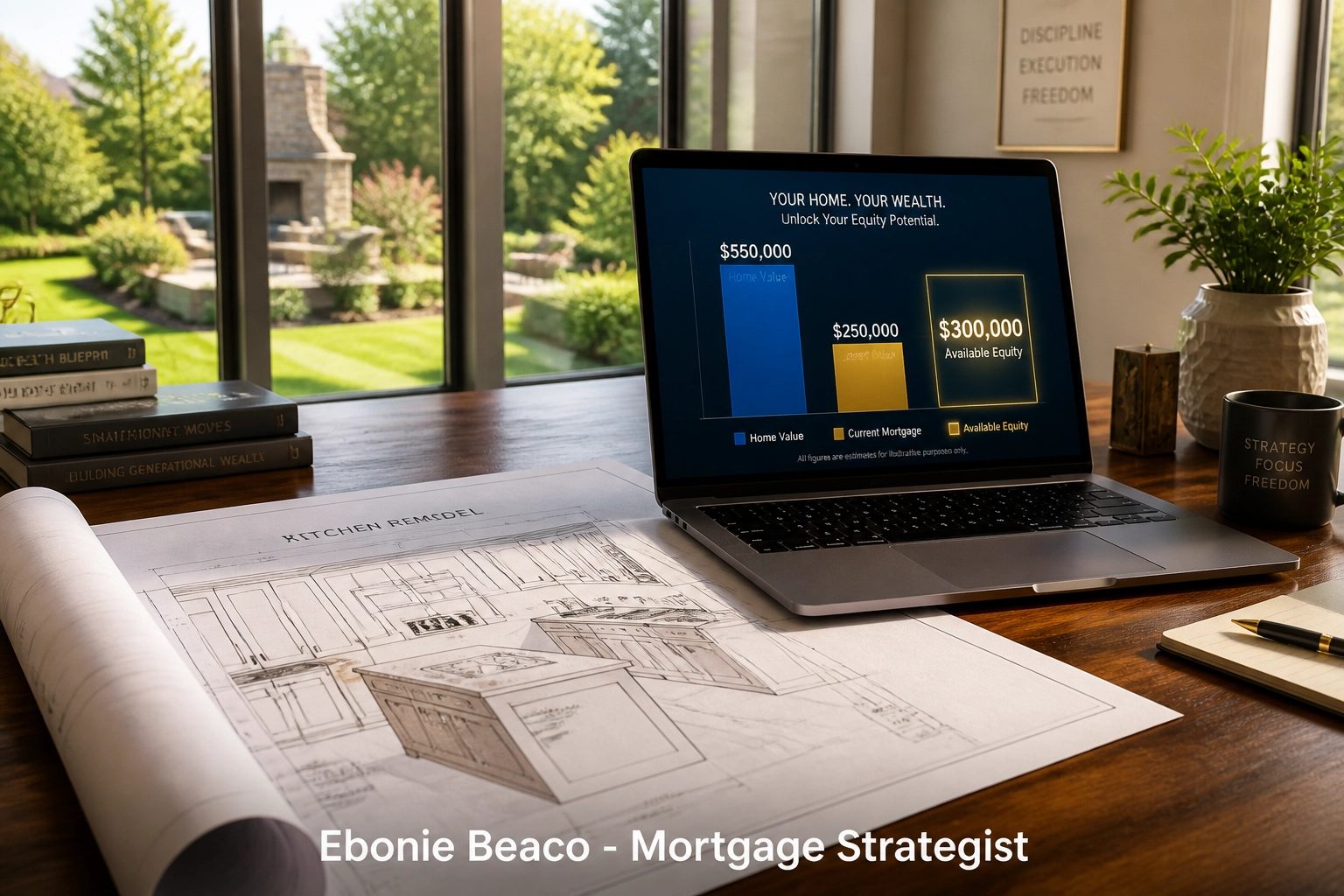 Modern Indiana home office with kitchen remodel blueprints and a laptop displaying home equity and mortgage charts.