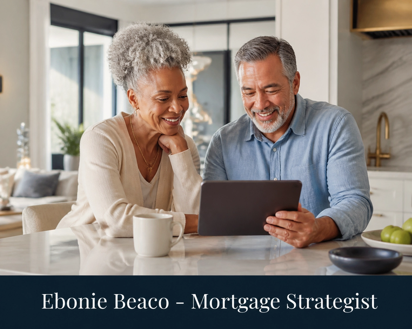 Diverse senior couple at home researching HECM reverse mortgage requirements and retirement financial security.