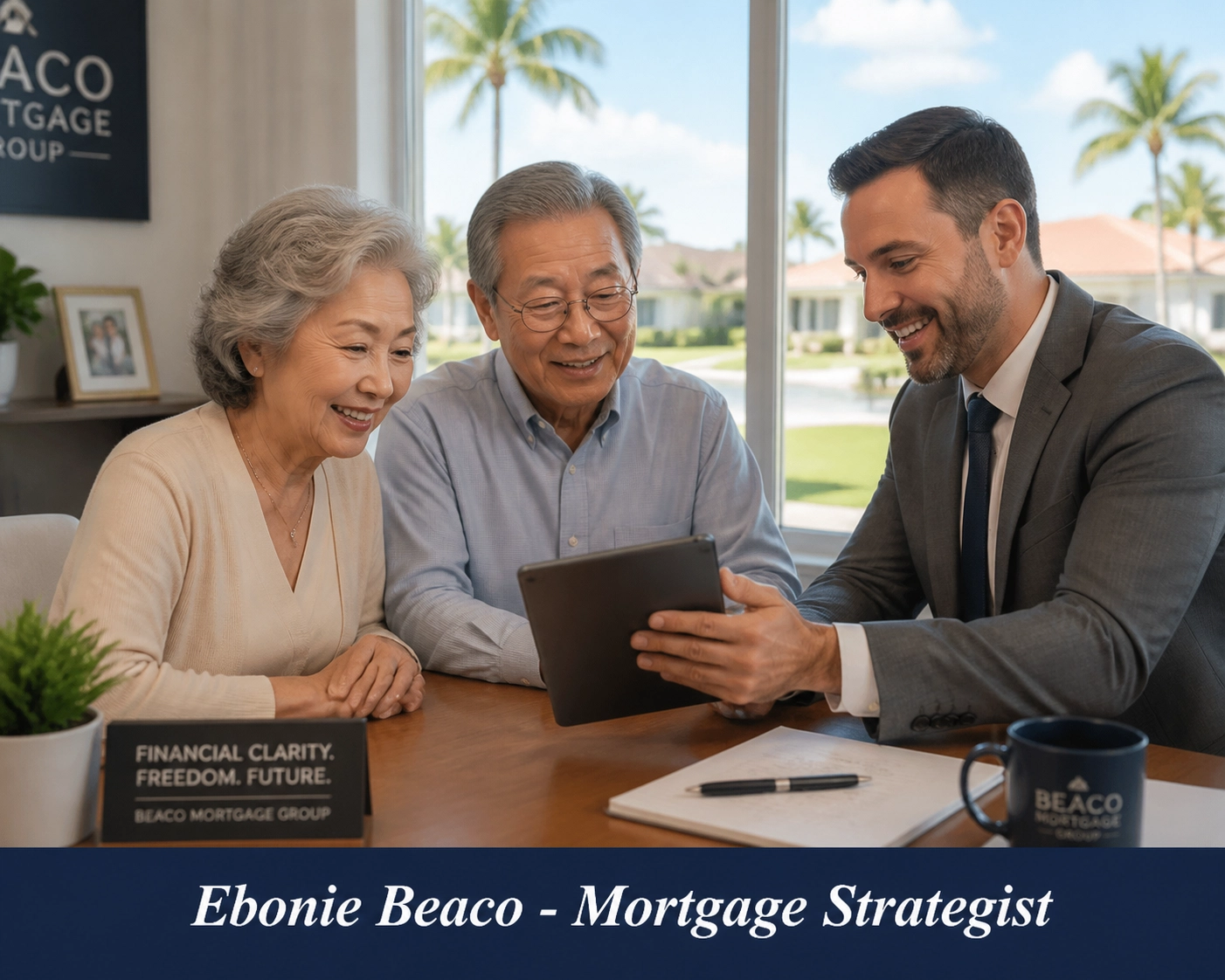 Florida seniors meeting with a mortgage strategist to discuss reverse mortgage refinance options.