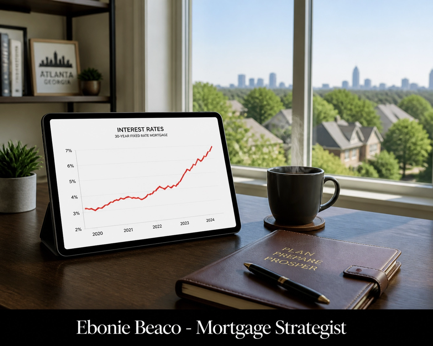 Tablet displaying a rising interest rate graph in a modern home office, warning about Georgia HELOC rate adjustments.
