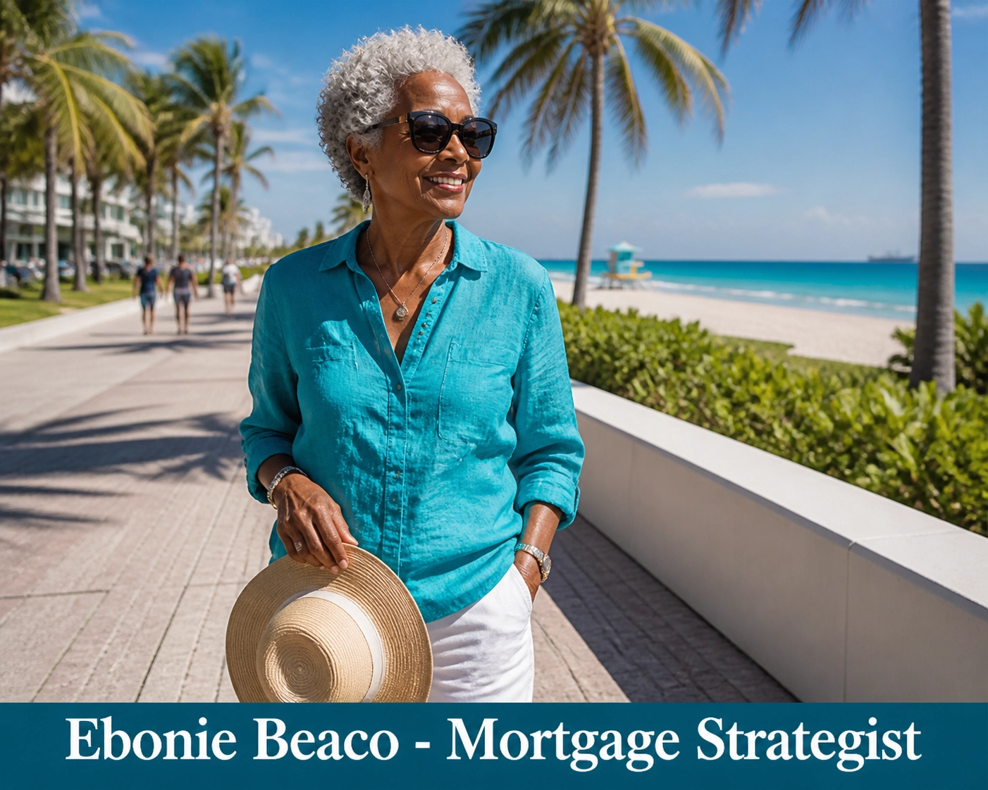 A happy senior woman on a Miami beach boardwalk enjoying retirement financial freedom.
