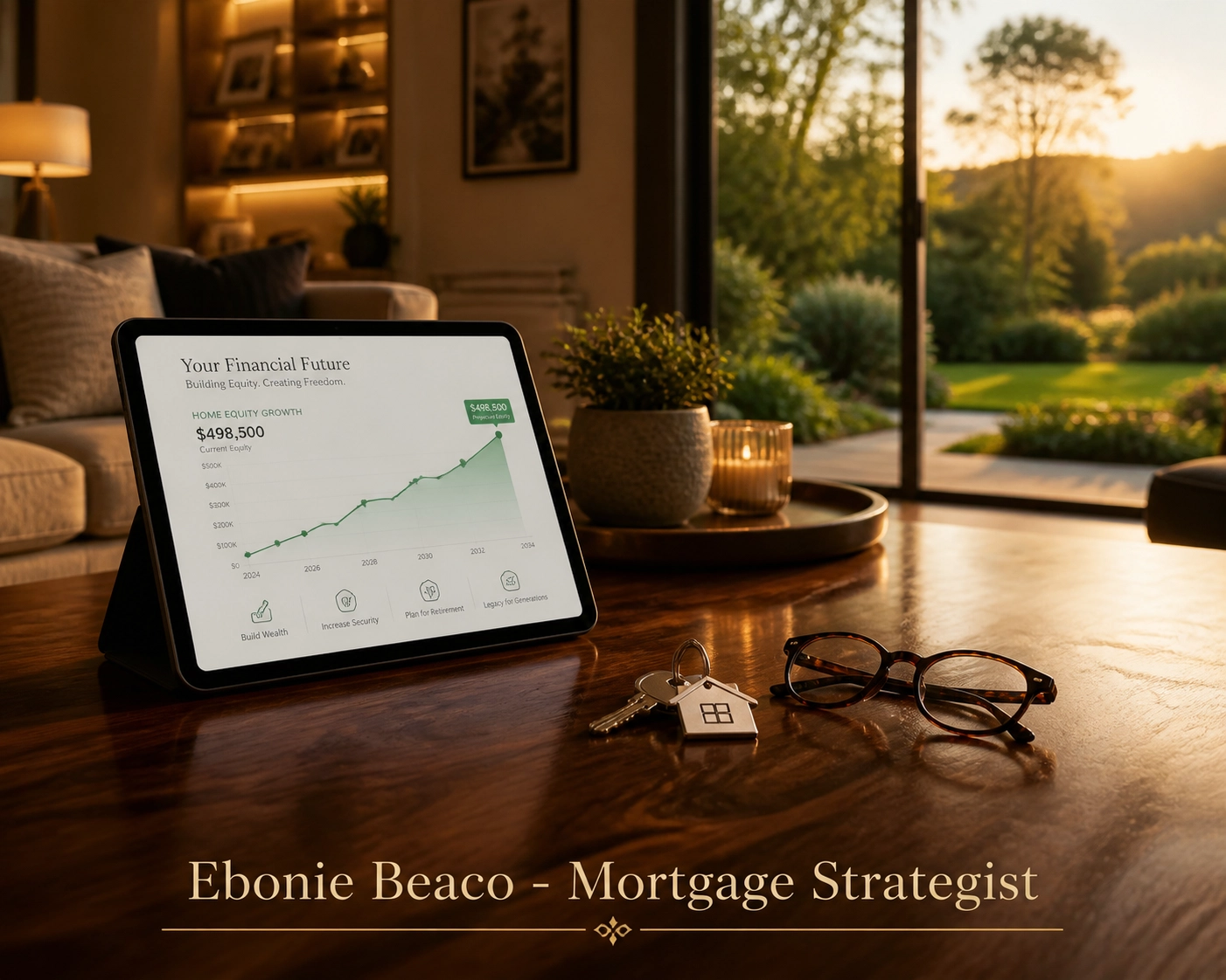 Tablet showing home equity growth chart in a living room, illustrating reverse mortgage payout potential.