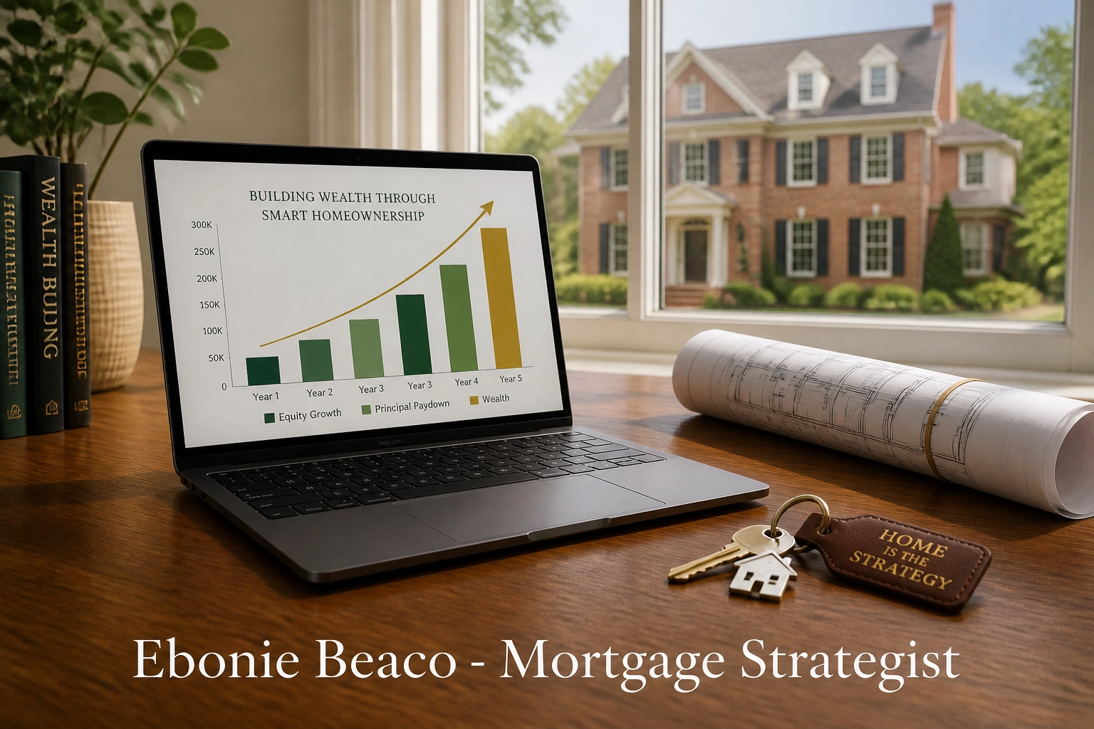 Home office desk with financial charts and house keys, illustrating home equity investment strategies in Virginia.