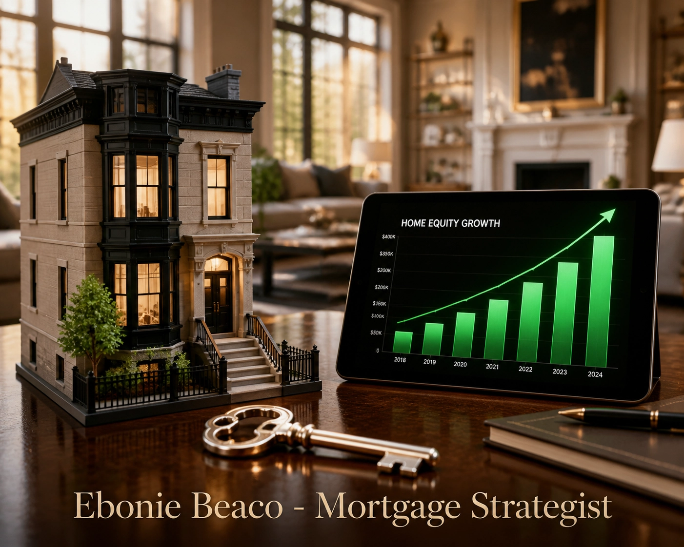 Chicago home model and financial growth chart illustrating a reverse mortgage equity strategy and HECM line of credit.