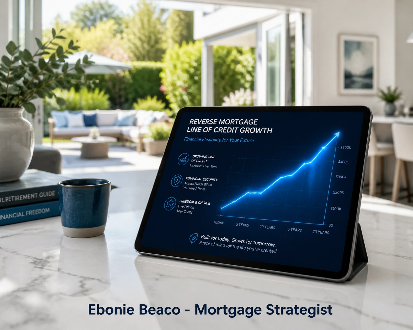 Digital tablet displaying a growth chart for a reverse mortgage line of credit in a modern home.