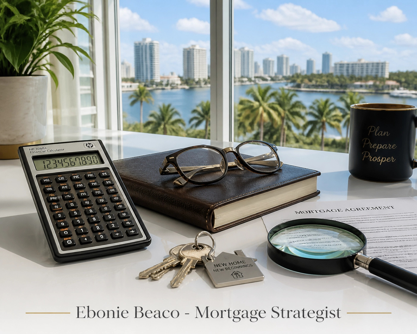 Modern Florida office desk with a calculator and house keys for analyzing Florida HELOC fees and closing costs.