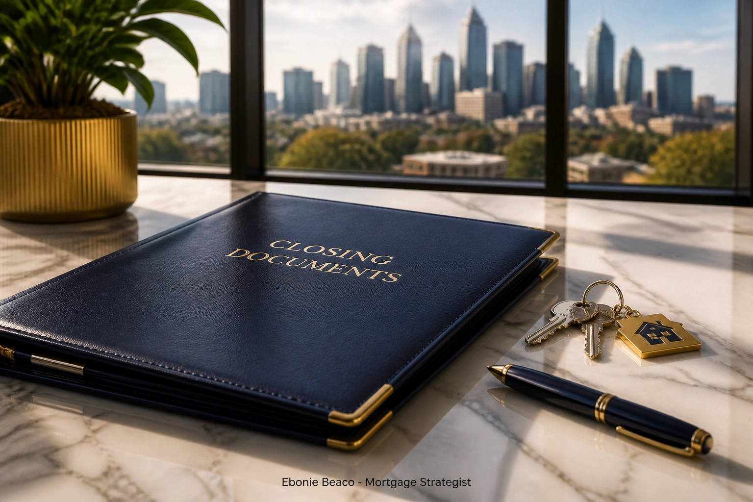 Real estate closing keys and documents overlooking the Atlanta skyline for a wholesale property investment deal.