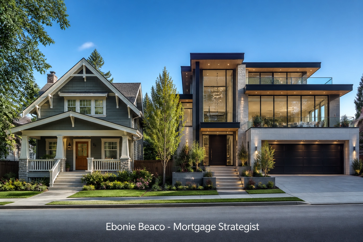 Standard HECM craftsman home and a luxury Proprietary reverse mortgage property side by side.