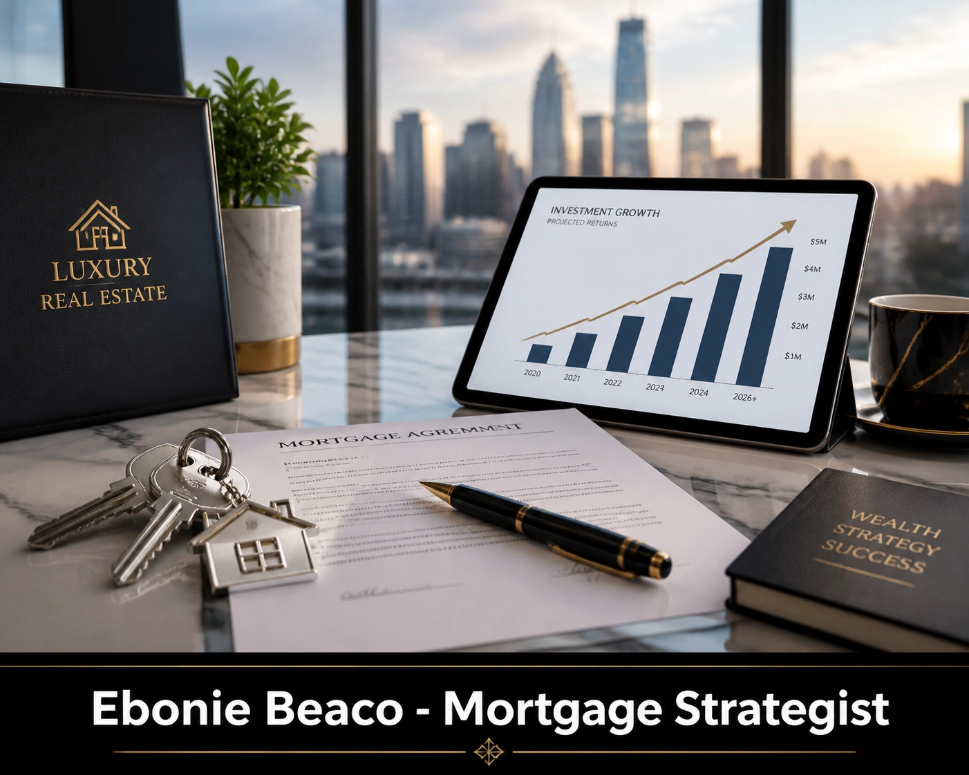 Wholesale real estate closing with house keys and financial charts showing investor assignment fee profits.