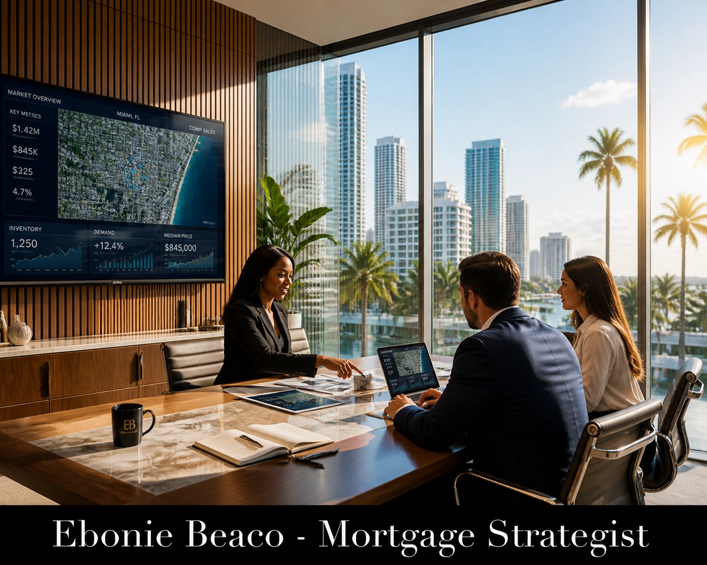 Professional team strategizing to scale real estate wholesale business in a luxury Florida or California office.