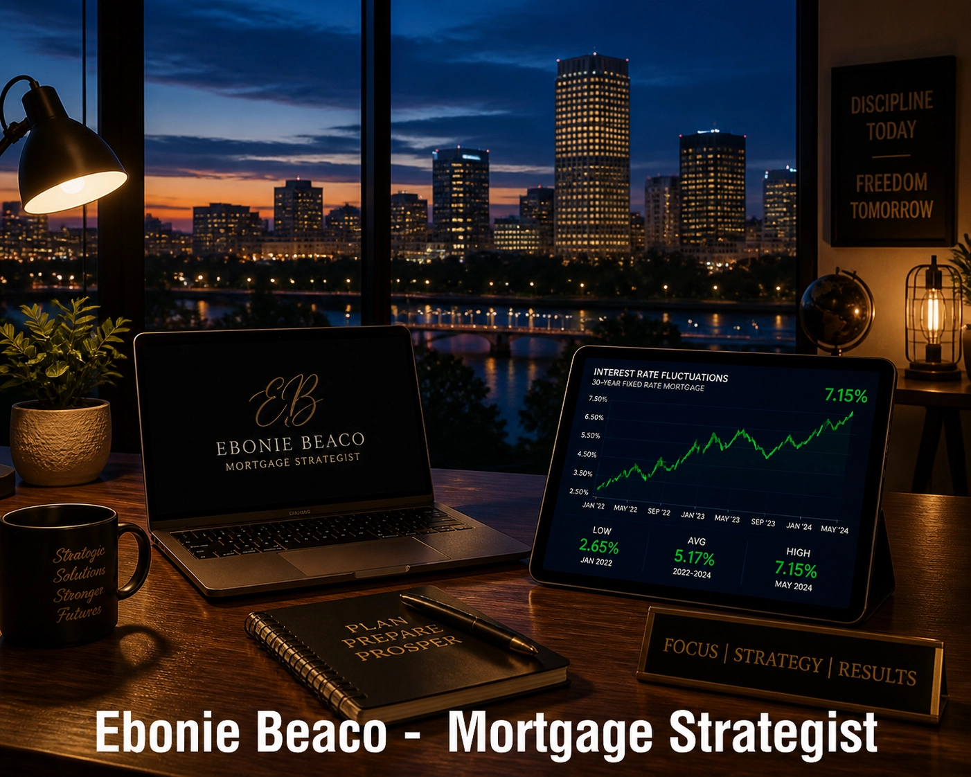 Virginia HELOC interest rate chart displayed on a digital tablet in a Richmond office at sunset.