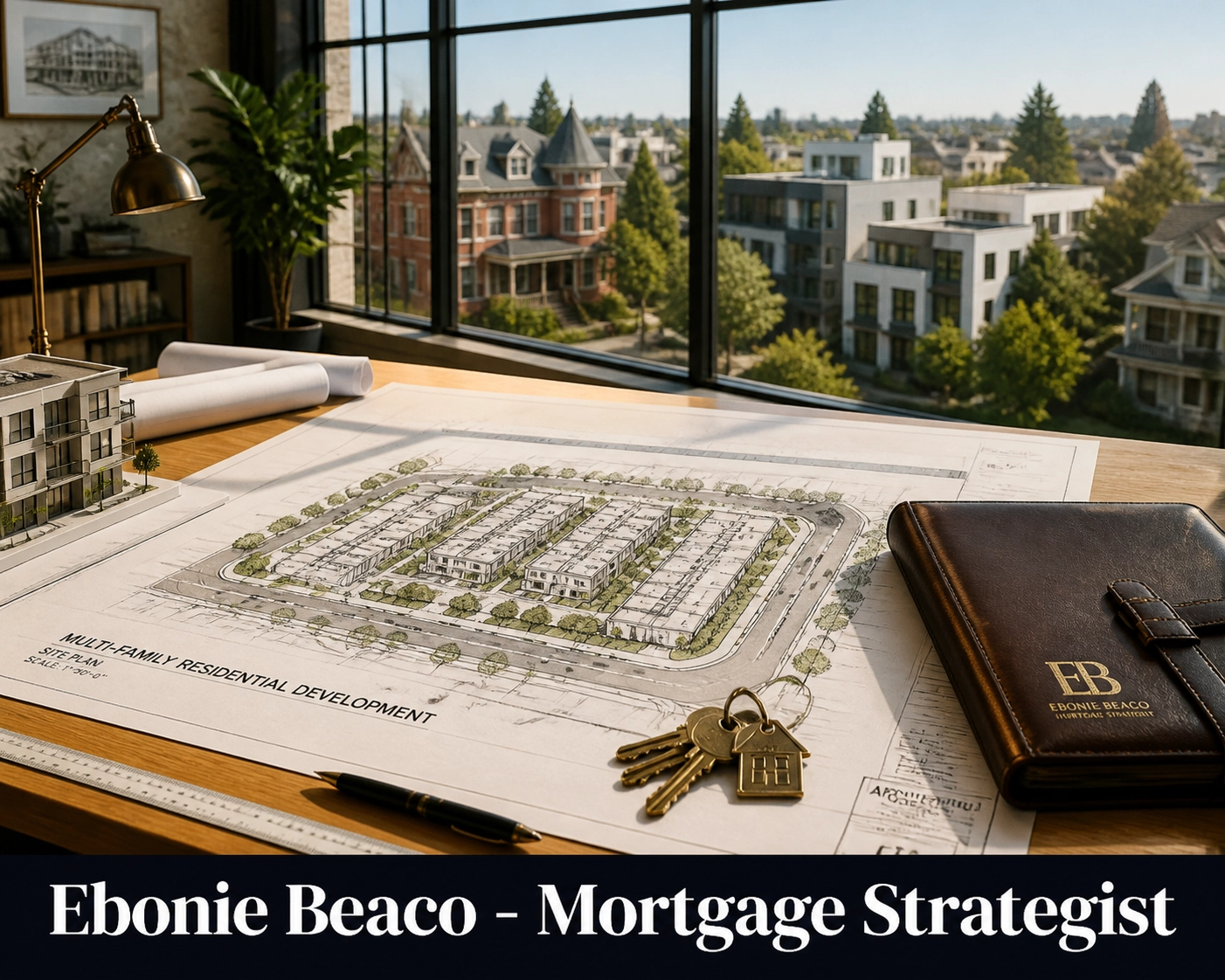Real estate investment blueprints and house keys illustrating a strategic property acquisition plan.