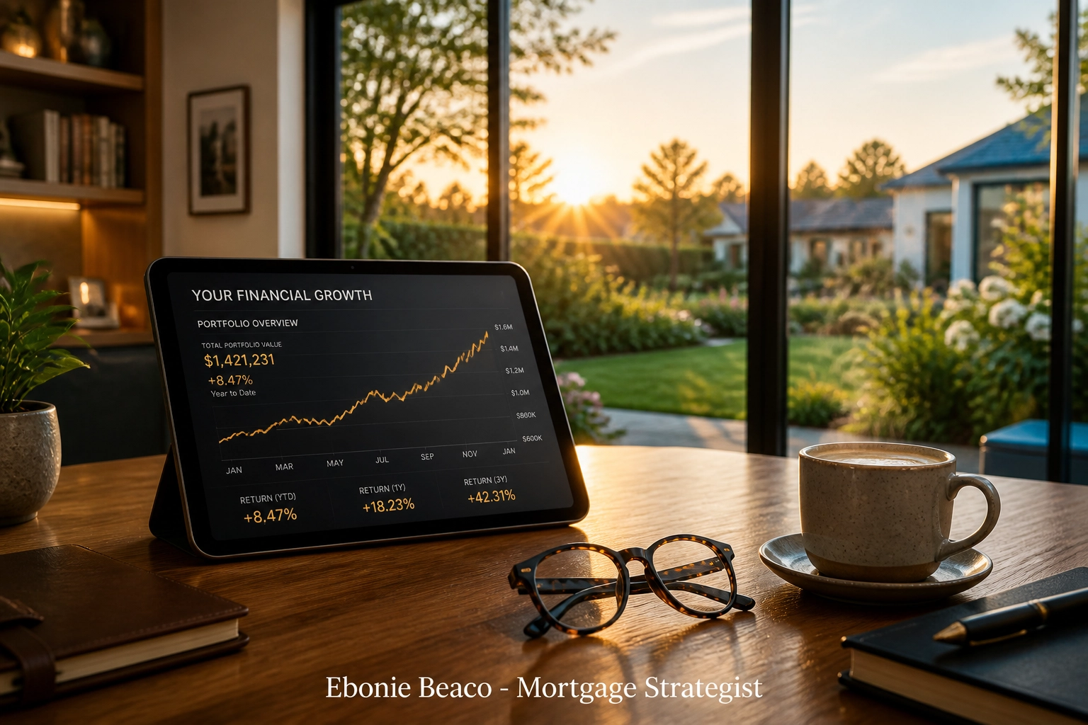 Financial growth chart on a tablet in a sunny home office illustrating a reverse mortgage line of credit.