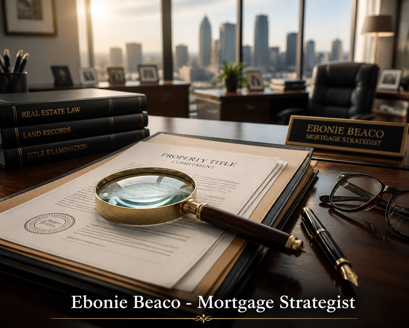 Real estate title documents and a magnifying glass on a desk during a property title search process.