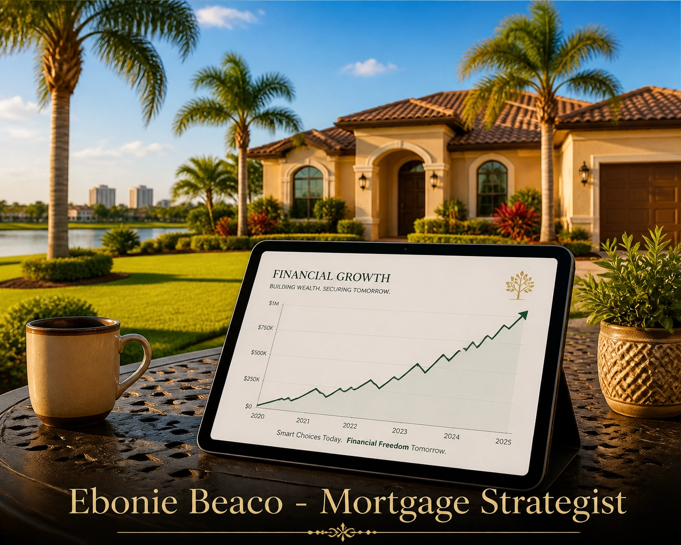 Digital tablet showing home equity growth line outside a Florida Mediterranean home.