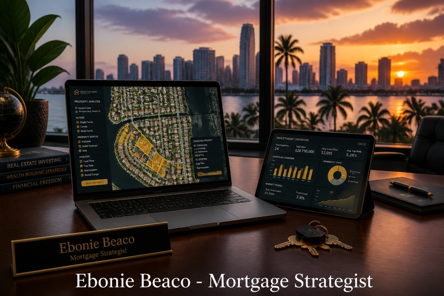Real estate professional workspace in Miami analyzing data to find off-market properties in Florida.