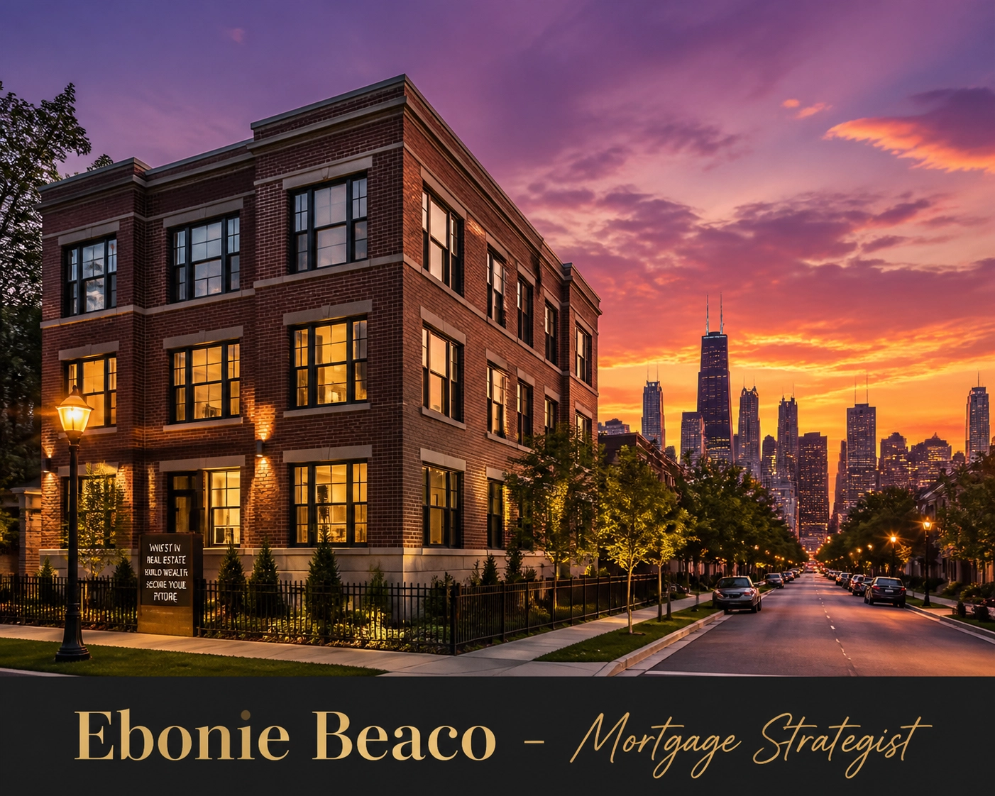 Urban multi-unit apartment building investment property with city skyline at sunset for real estate growth.