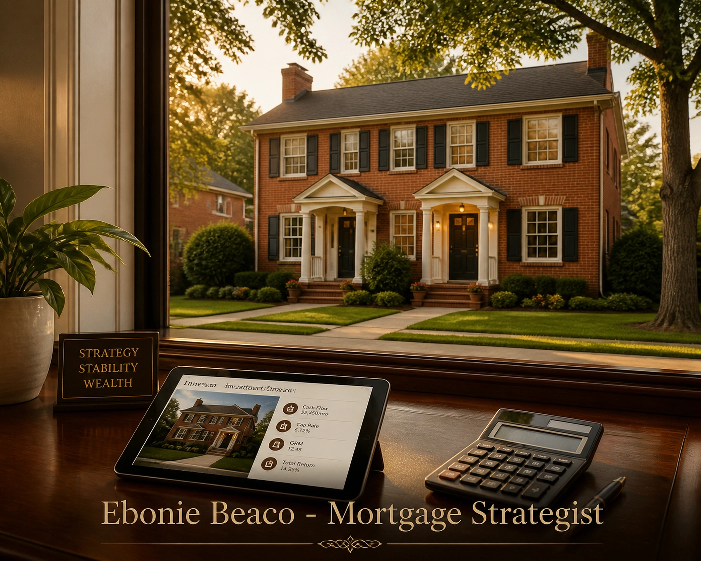 Suburban brick duplex investment property viewed from a home office desk for rental property mortgage deal analysis.