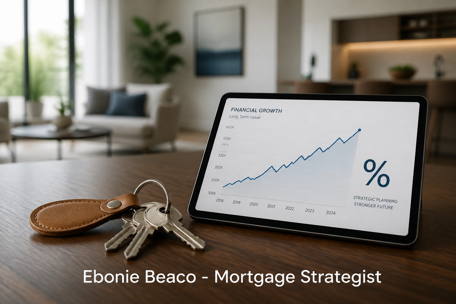 Modern house keys and a financial graph showing mortgage rate trends in the current housing market.