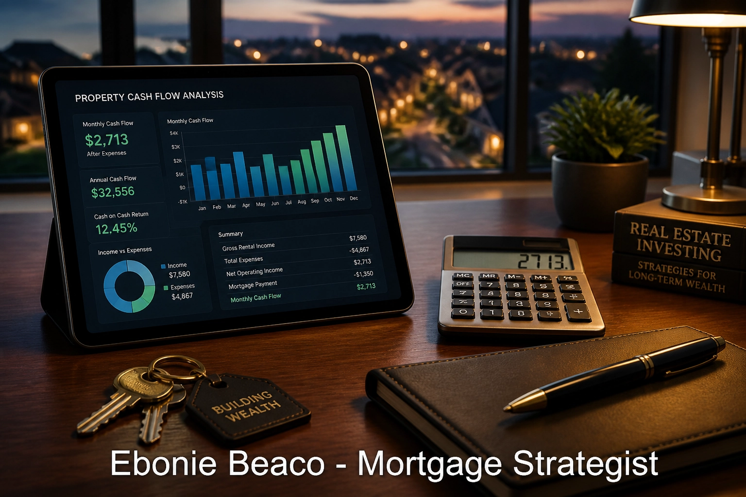 Real estate investor workspace with financial dashboard analyzing DSCR loan eligibility and mortgage rate shifts.
