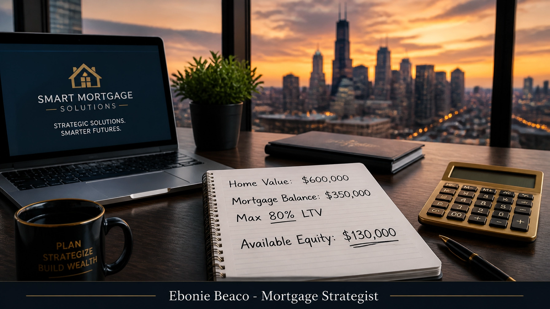 A professional financial landscape showing a desk with a calculation: Home Value $600,000, Mortgage Balance $350,000, Max 80% LTV, Available Equity $130,000. Text at bottom: Ebonie Beaco - Mortgage Strategist.