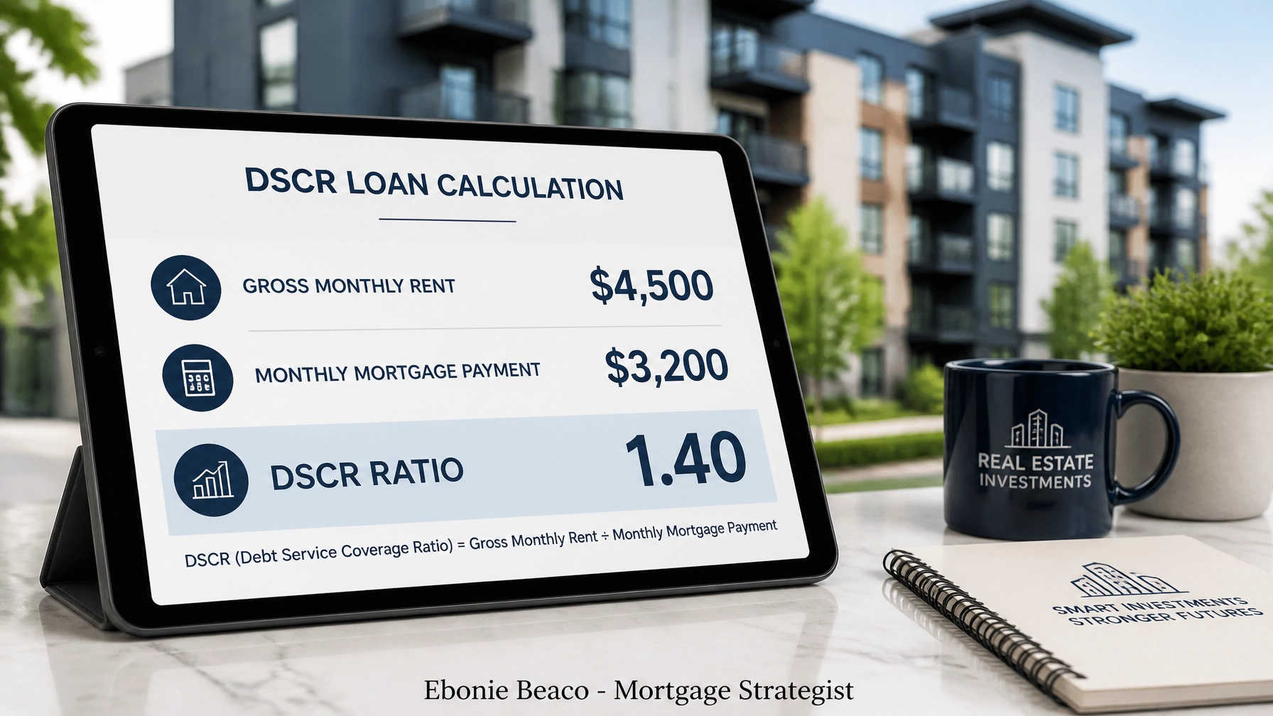 A tablet on a marble countertop displays a DSCR loan calculation: Gross Monthly Rent $4,500, Monthly Mortgage Payment $3,200, DSCR Ratio 1.40. Text at bottom: Ebonie Beaco - Mortgage Strategist.
