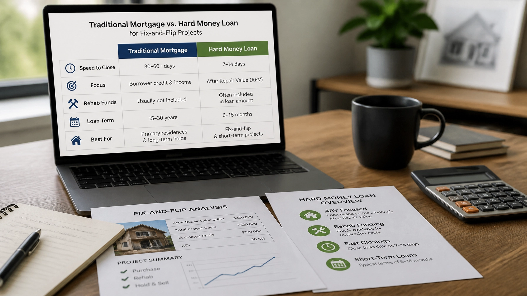 A professional office scene with a real estate loan comparison displayed on a laptop and printed documents, illustrating traditional financing versus hard money financing.