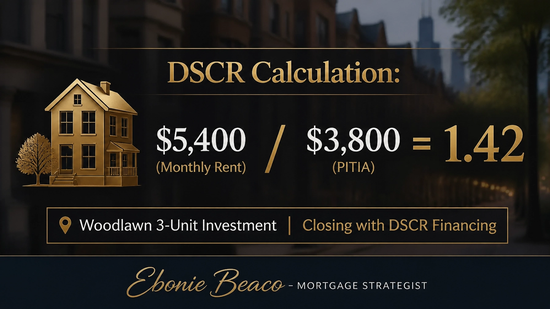 A DSCR calculation graphic demonstrating how a Woodlawn 3-unit property qualifies for financing based on its $5,400 monthly rent.